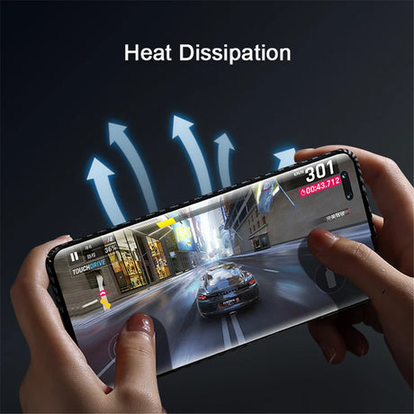 Smartphone displaying a racing game with heat dissipation arrows.