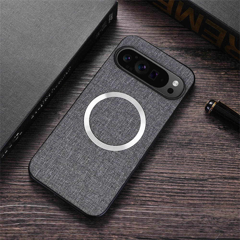 Smartphone with a gray fabric-textured case featuring a white circular design and multiple camera lenses.