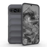 A smartphone in a gray puffer-style case, with a display showing a gray abstract pattern.
