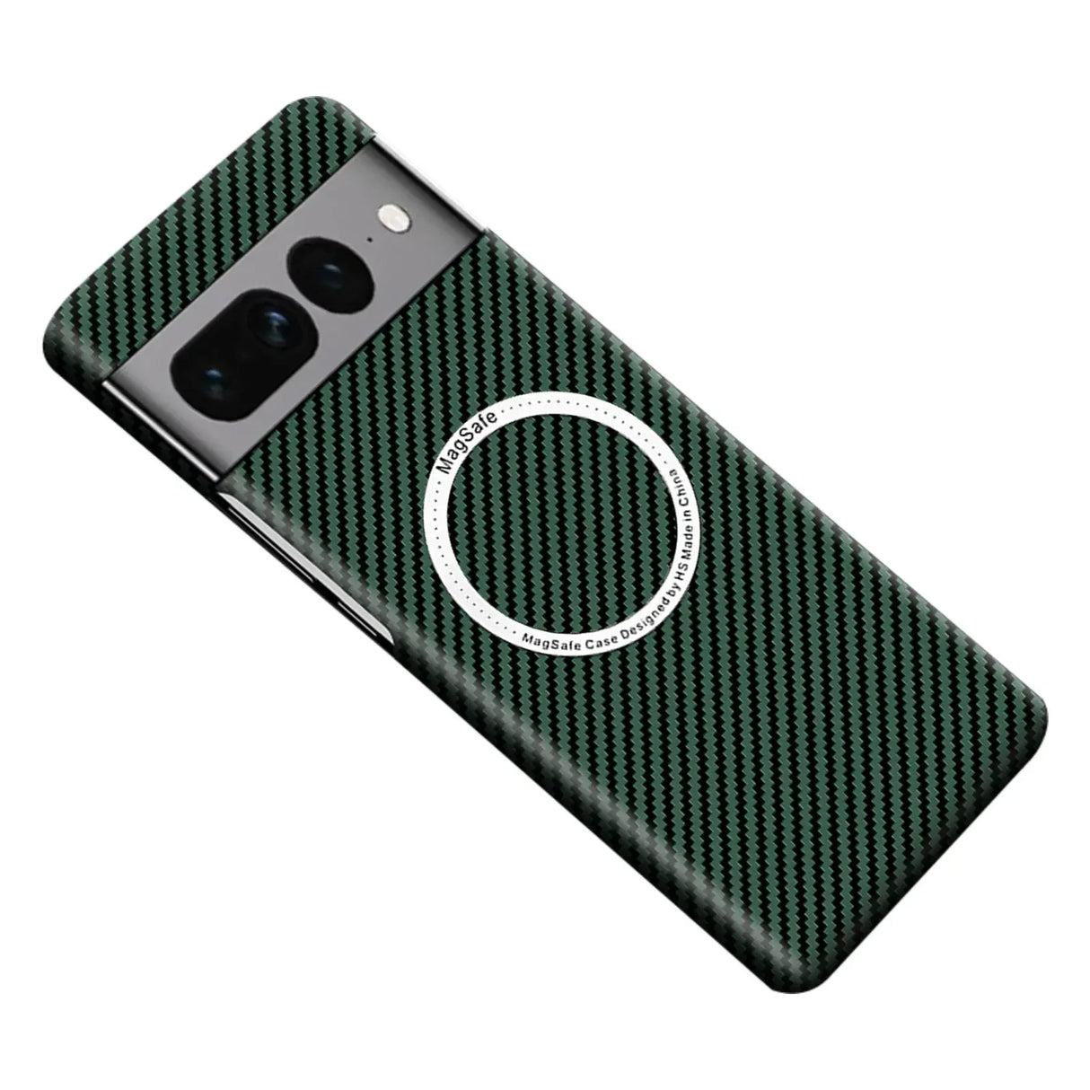 Smartphone with a green carbon fiber-patterned case and circular wireless charging indicator.