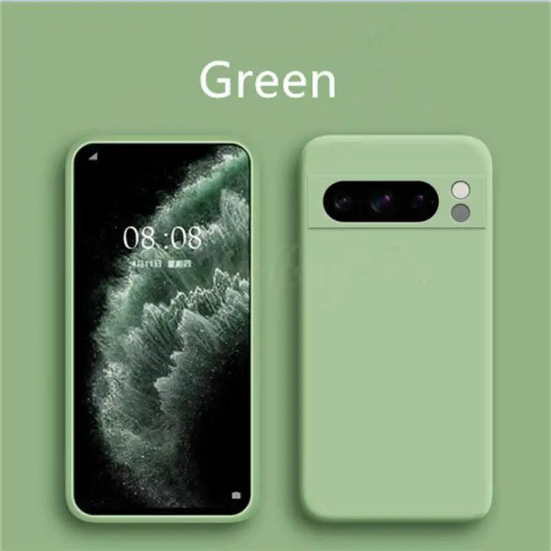 Smartphone with a green case and matching background.