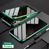 Smartphone with a green metallic frame and privacy glass screen protector.