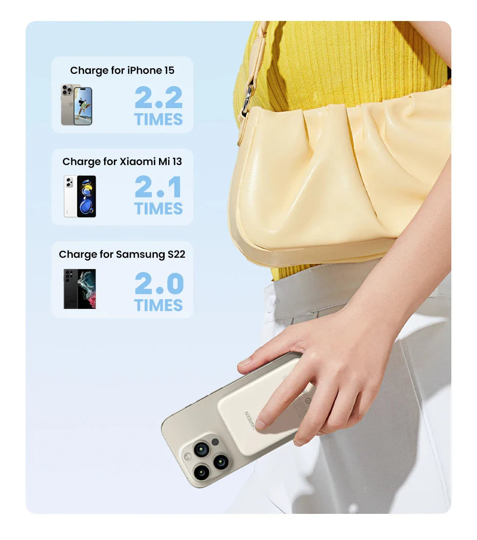 Smartphone being held by a hand, with charging comparison information for different phone models displayed above.