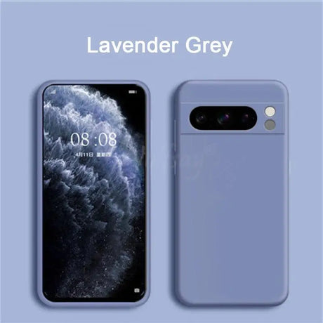 Smartphone in a lavender grey color with a dual-camera setup and a screen displaying a cloudy background.