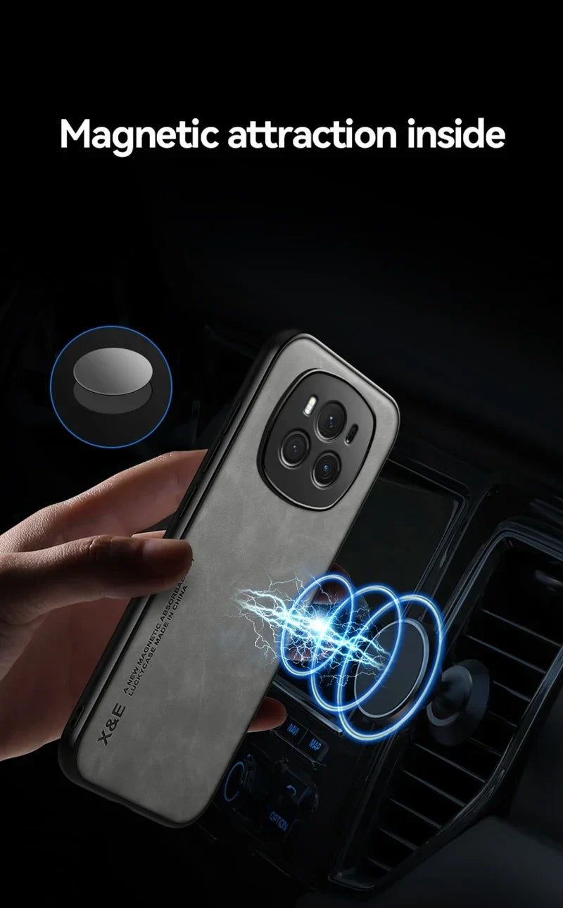 Smartphone with a magnetic attachment feature being placed near a car vent mount.