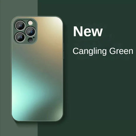 Smartphone with a metallic green gradient finish and multiple camera lenses.