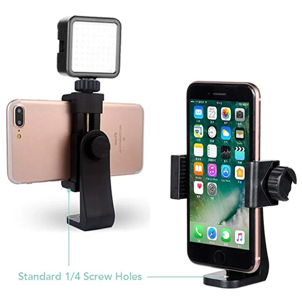 Smartphone mount with attachable LED light for photography or video recording.