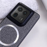 A smartphone with a multi-camera system in a textured gray case with a silver ring.