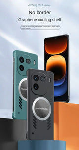 Smartphone with multiple camera lenses and a circular design element on the back panel.