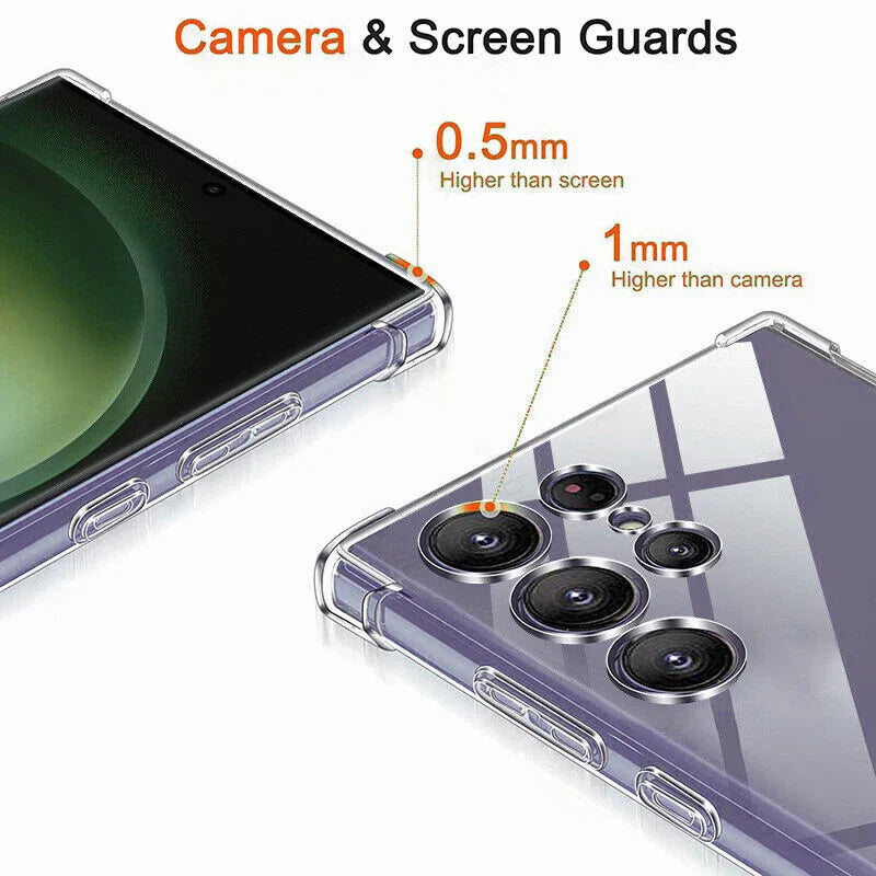 Smartphone with multiple camera lenses and a transparent protective case.