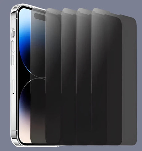 Smartphone with a privacy screen protector displaying various levels of opacity.