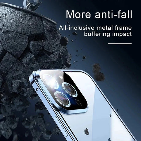 Smartphone with prominent camera lenses and metal frame highlighting anti-fall protection features.