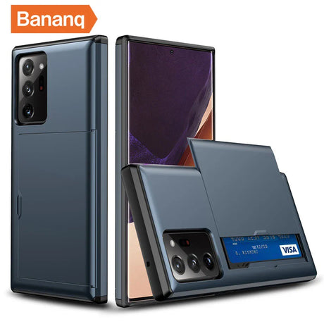 Smartphone with a protective case featuring a card slot for storing a credit card.