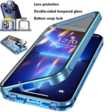 Smartphone with a protective case featuring lens protection, double-sided tempered glass, and a bottom snap lock.