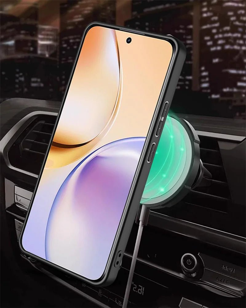 Smartphone in a protective case with a magnetic car charger.
