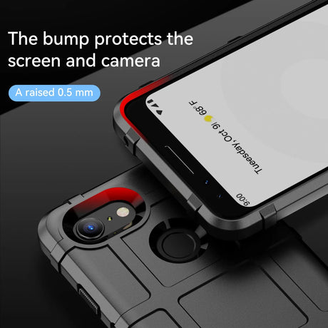 Smartphone with a protective case featuring a raised bump around the camera and screen edges.