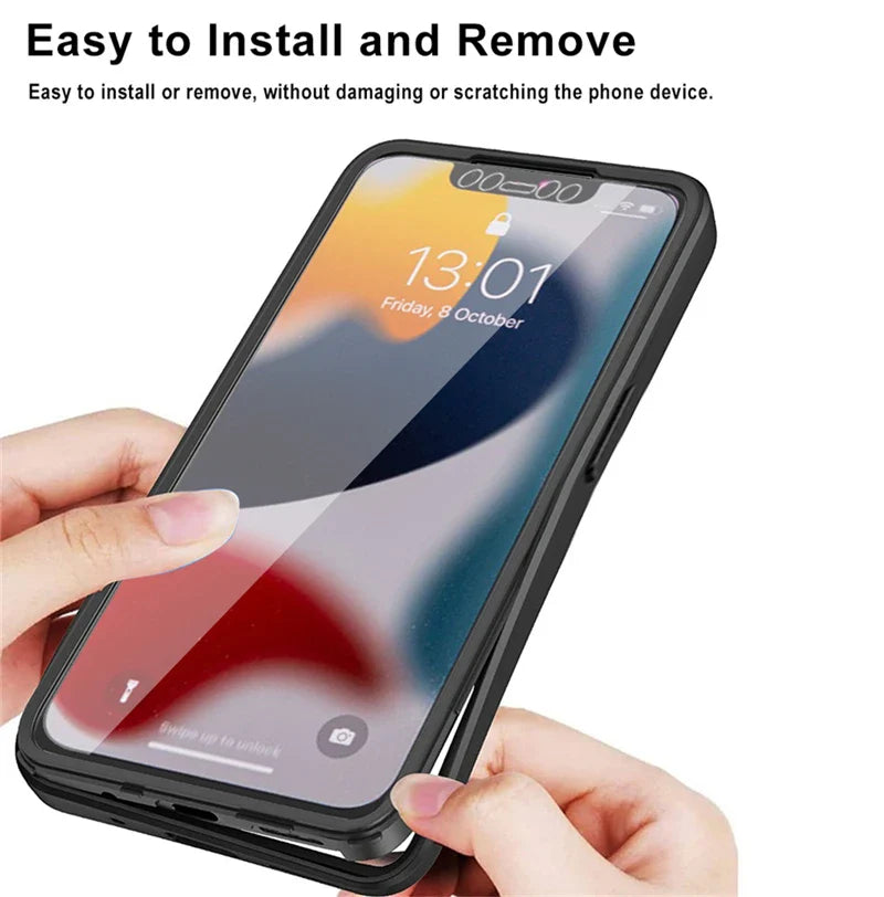 Smartphone with a protective case and screen protector being installed.