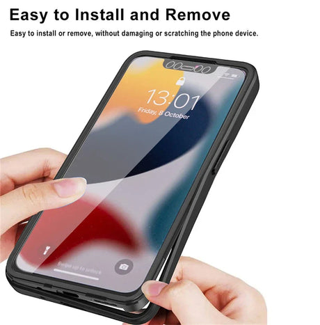 Smartphone with a protective case and screen protector being installed.