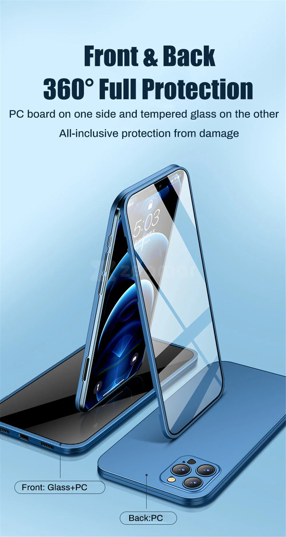 Smartphone with a protective case and screen cover offering 360-degree protection.