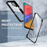 Smartphone with a protective case featuring a transparent back cover and front screen protector.