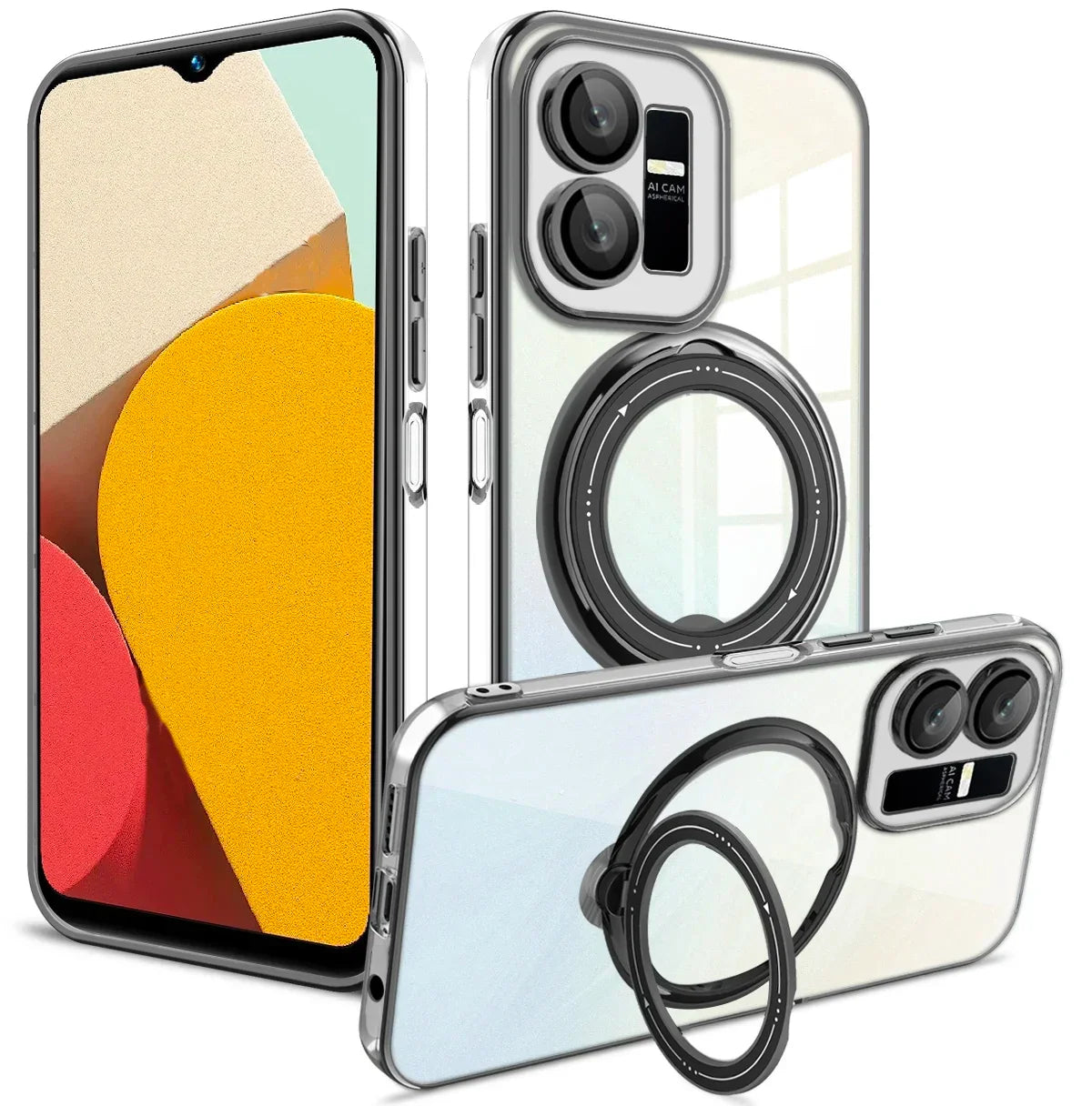 Smartphone with protective cases featuring ring holders and multiple camera lenses.