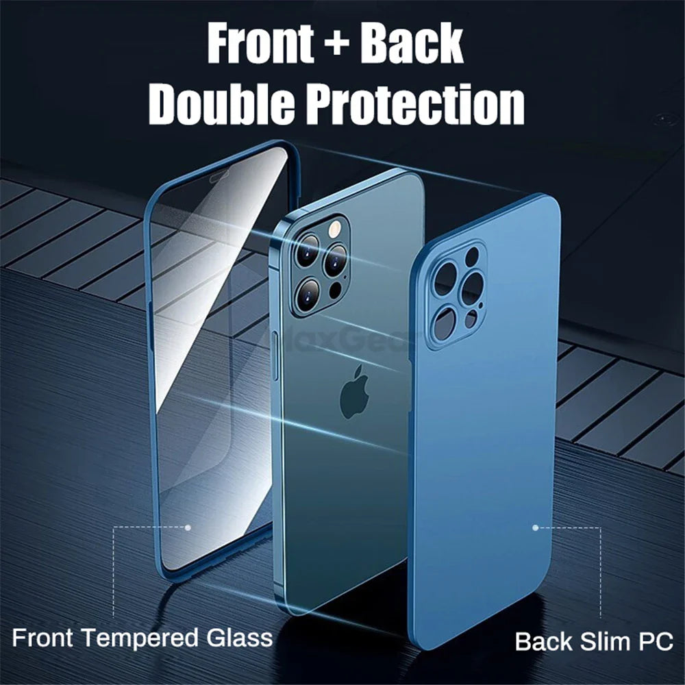 Shockproof Ultra Thin Front Tempered Glass 360 Phone Case for iPhone 13 12 11 Pro Max Mini Full Cover Lens Protection Shockproof Matte Case