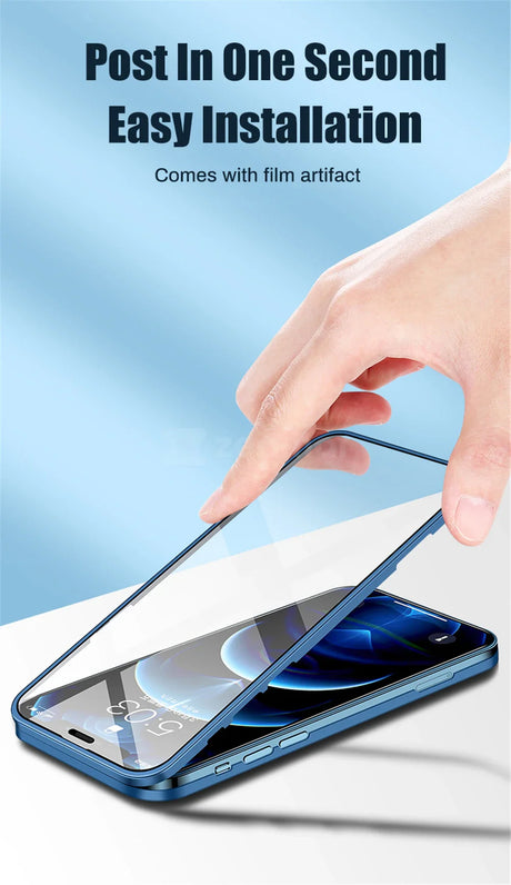 Smartphone with a protective screen being installed by a hand.