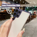 A smartphone with a purple camera lens protector.