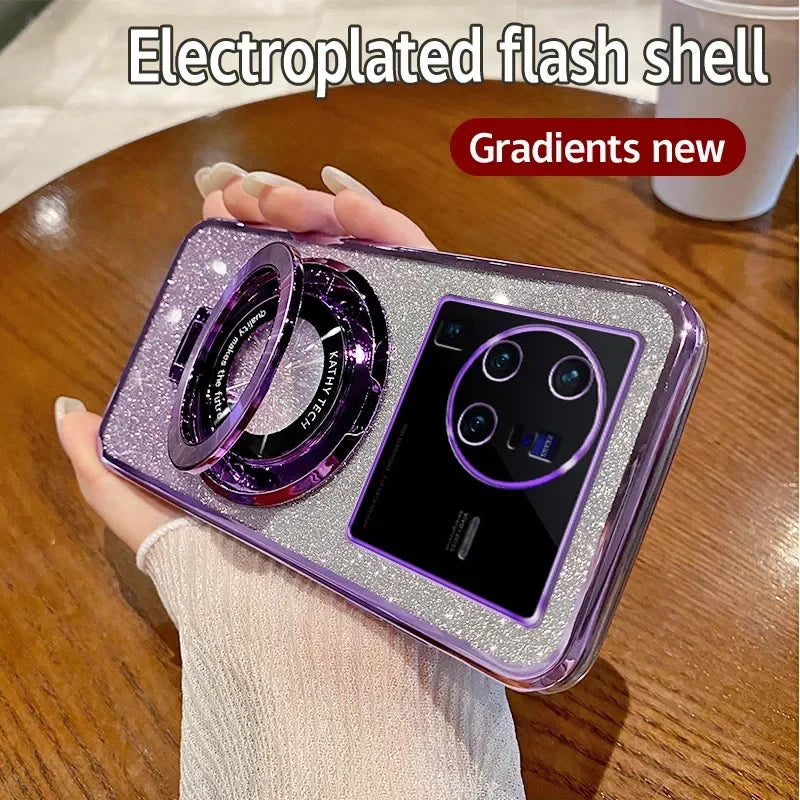 Smartphone with a purple electroplated case featuring a prominent circular camera module.