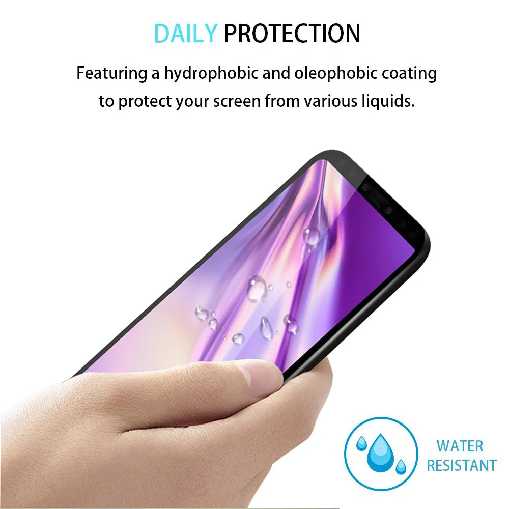 Smartphone with a purple screen displaying water droplets, held by a hand.