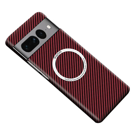 Smartphone with a red and black carbon fiber pattern case and a circular white logo.