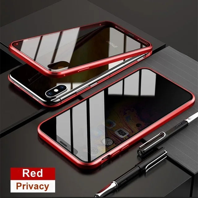 Smartphone with a red metallic frame and privacy glass screen protector.