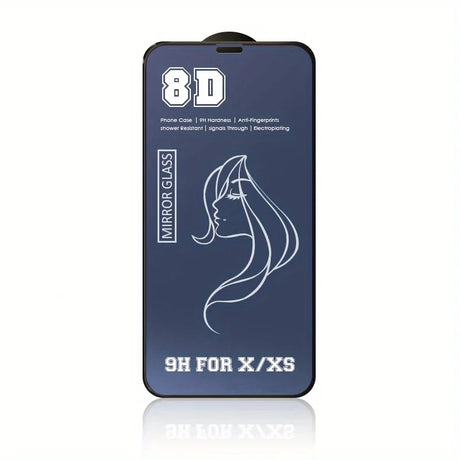 Smartphone screen protector featuring ’8D’ technology and a stylized female profile design.