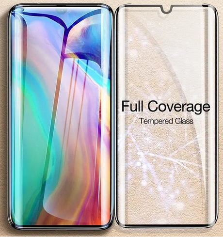 Smartphone screen protector displaying colorful imagery and full coverage tempered glass.