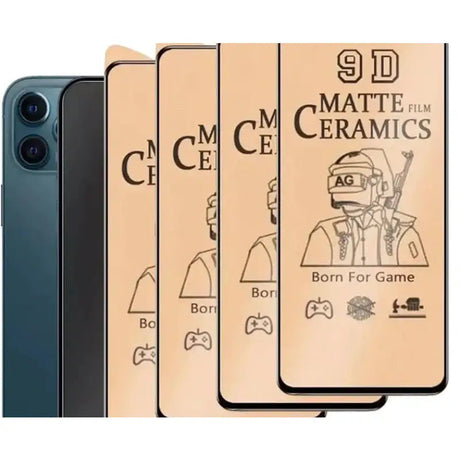 Smartphone screen protector with gaming-themed ceramic matte design.