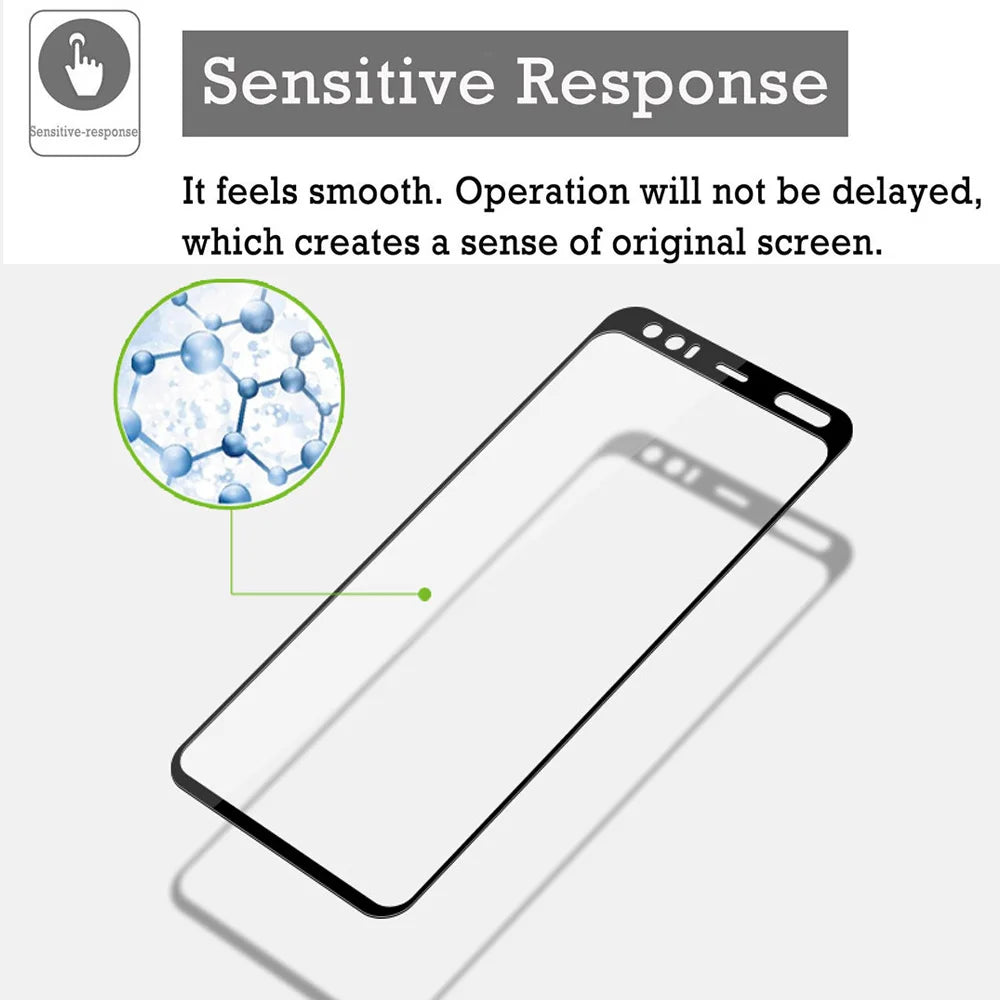 Smartphone screen protector with a molecular structure diagram indicating its smooth surface properties.