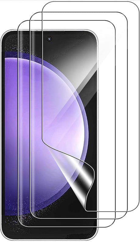 Smartphone screen protector with a purple-tinted display visible underneath.