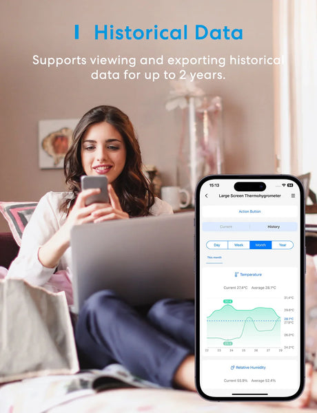 Smartphone displaying meross wifi temperature humidity sensor app with large graphs for smart home monitoring