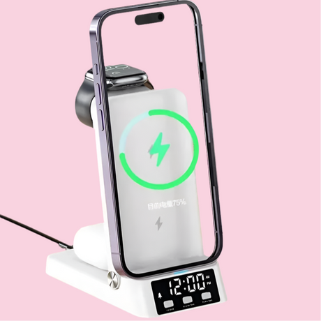 Smartphone on a charging stand with a digital clock display.