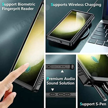 Smartphone or tablet device showcasing various features like biometric fingerprint reader, wireless charging, premium audio, and stylus support.