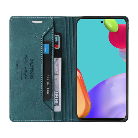 Smartphone with a teal leather wallet case featuring card slots and a colorful screen display.