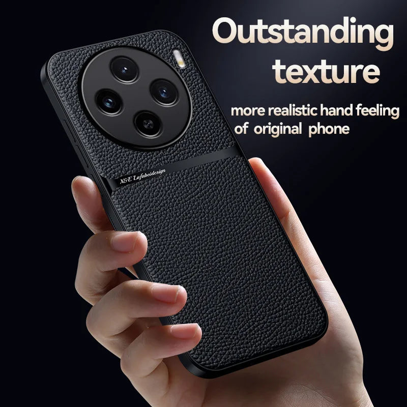 Smartphone with a textured black leather-like case featuring a circular camera array.