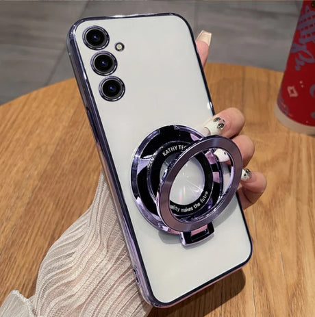 Smartphone with three camera lenses and a circular attachment on its back.