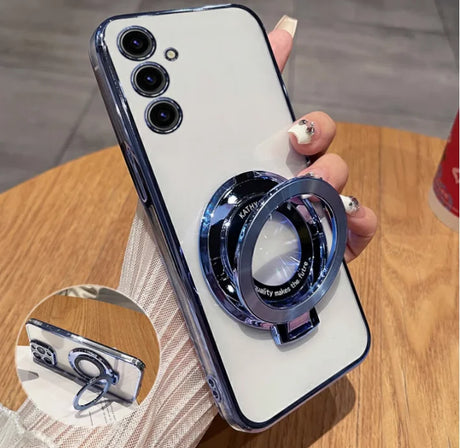 Smartphone with three cameras and a circular ring attachment on its back.