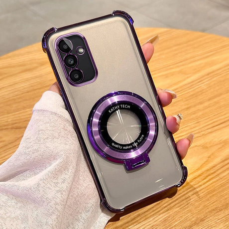 Smartphone with a transparent case featuring a purple circular ring on the back.