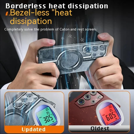 Smartphone with a transparent cooling case displaying temperature readings.