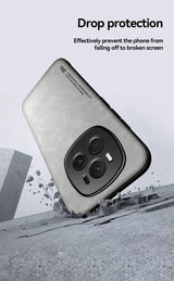 Smartphone with a triple camera setup and a protective case.