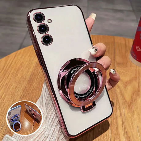 Smartphone with a triple camera setup and a circular ring attachment on the back.