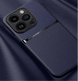 Smartphone with a triple-lens camera in a dark blue leather case.