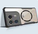 A smartphone in a two-tone protective case with multiple rear cameras and a circular magnetic attachment.